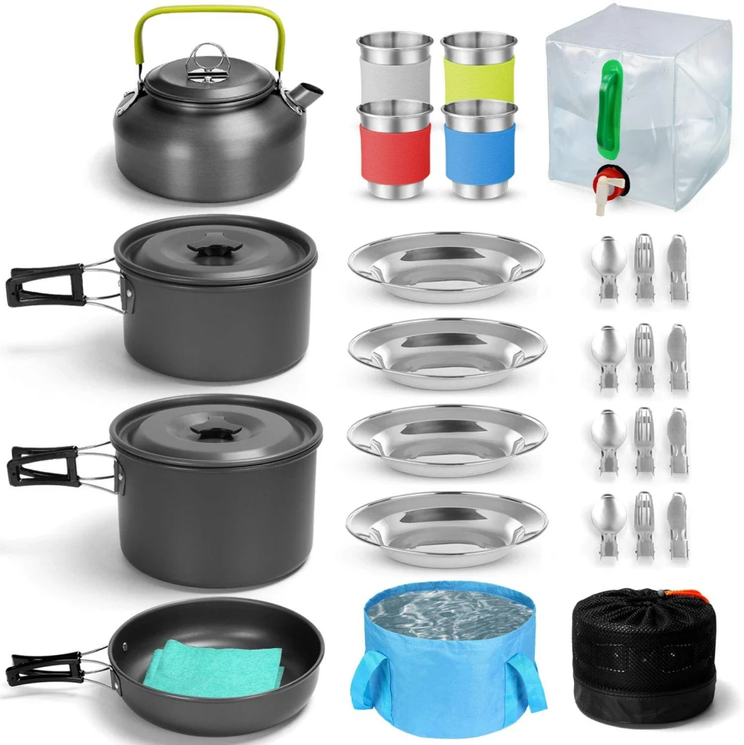 22 Pieces Camping Nonstick Lightweight Backpacking Outdoor Cookware Set for Family Hiking, Picnic (Kettle, Pot, Frying Pan, Bowls, Plates, Spoon) Wyz17894