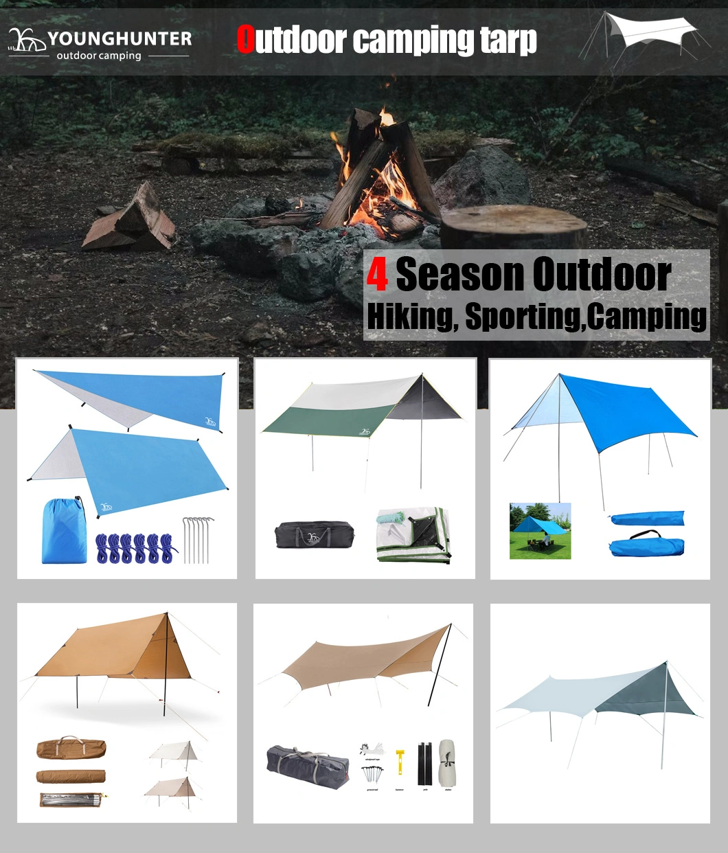 210t Polyester Ripstop Outdoor Survival Gear Sun Shelter Waterproof Rain Fly Lightweight Camping Tarp Diamond Shaped 3*3m