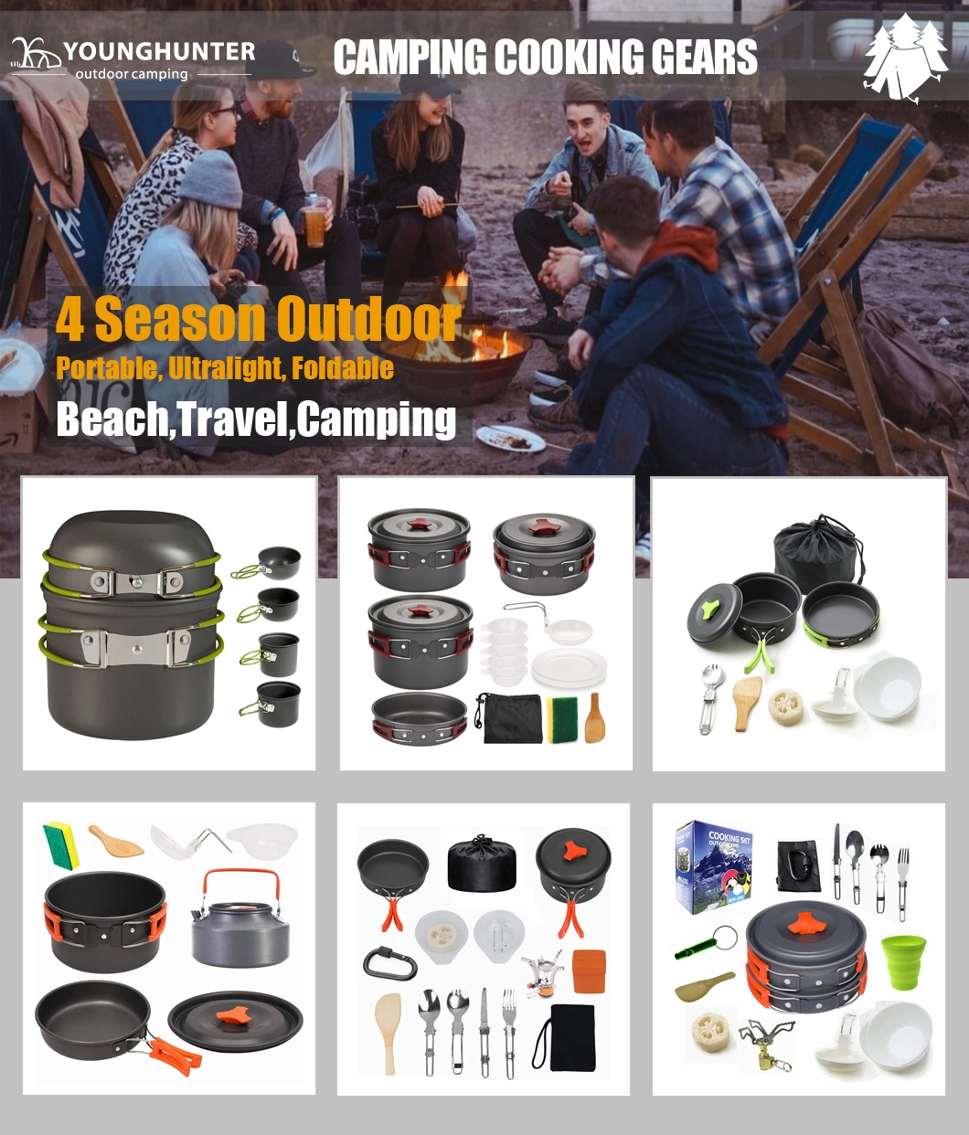 Factory Aluminum Pot Camping Frying Pan Outdoor 14-PCS Cookset Ultralight Stove Top for Family Travel