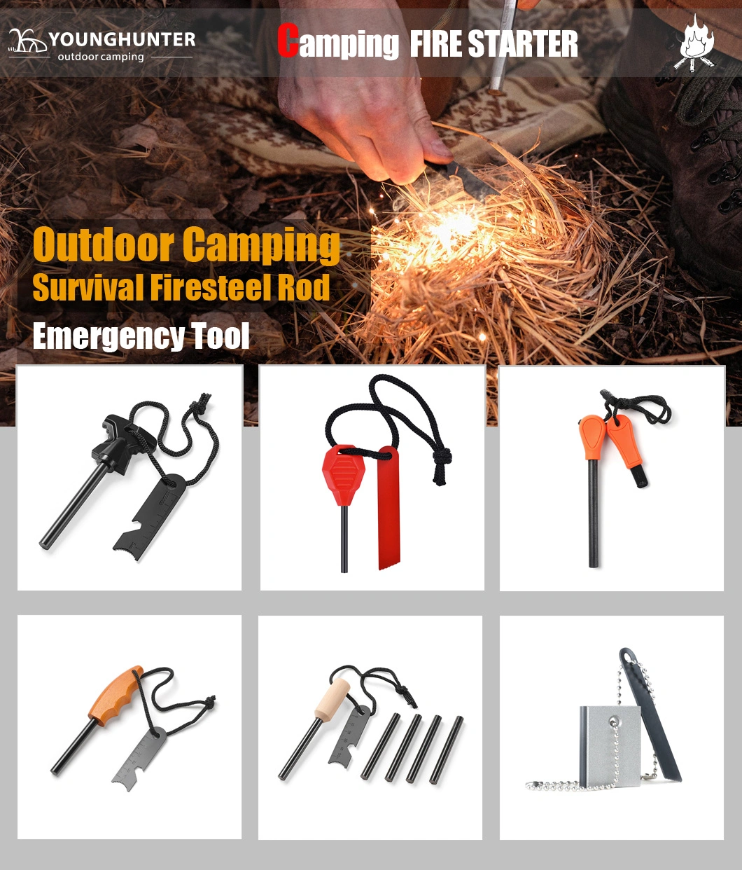 8*80mm Emergency Survival Gear Magnesium Fire Starter with Handcrafted Wood Handle