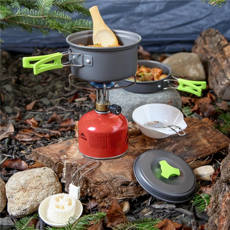 Small Pot and Frying Pan Outdoor Customized Camping Cookware Hard Alumina Portable Ultra Light Camping Cooker Set for 1-2 Person Use