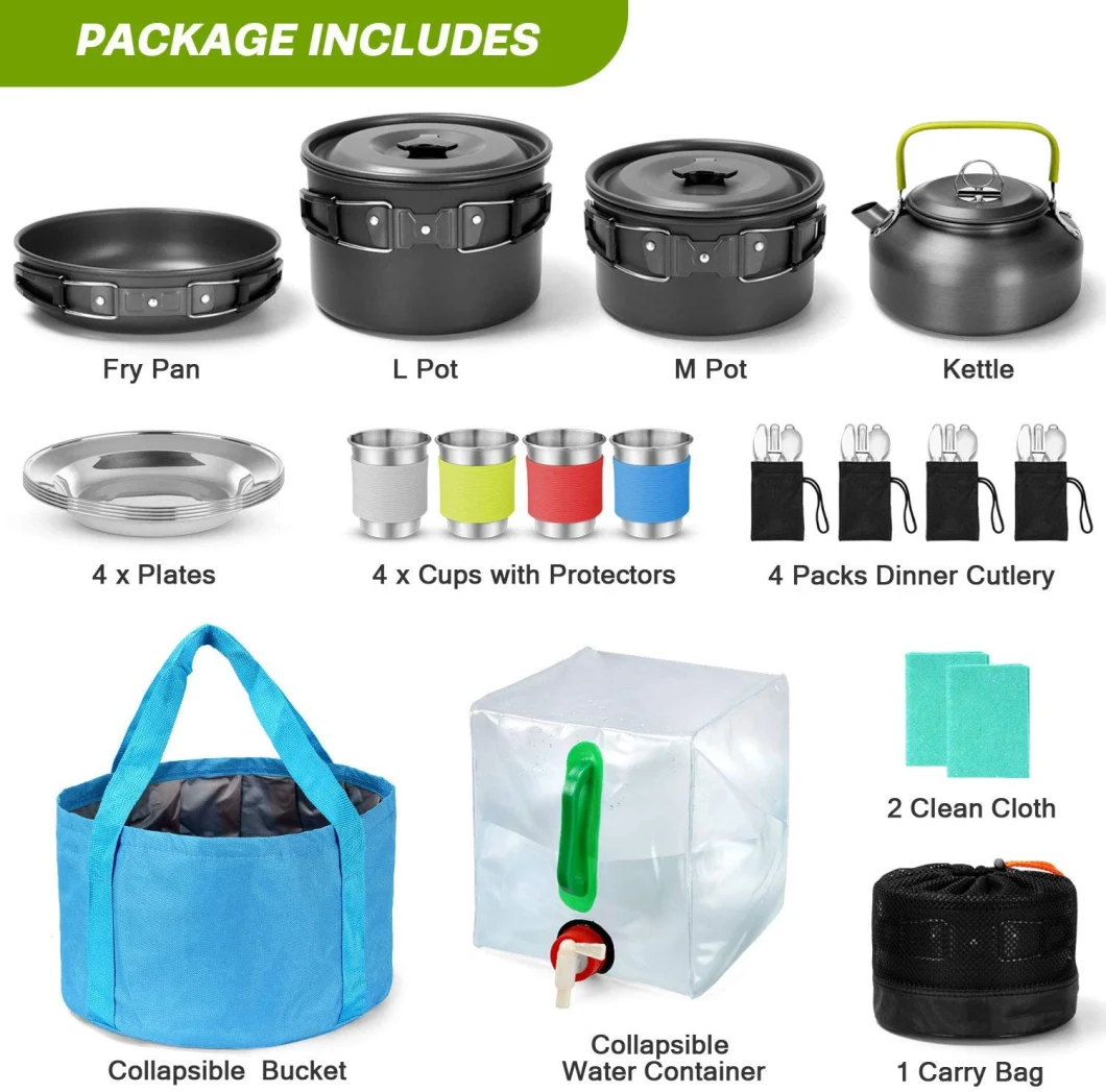 Nonstick Lightweight Backpacking Set Outdoor 22 Pieces Camping Cookware Set for Family Hiking, Picnic (Kettle, Pot, Frying Pan, Bowls, Plates, Spoon) Wbb17894